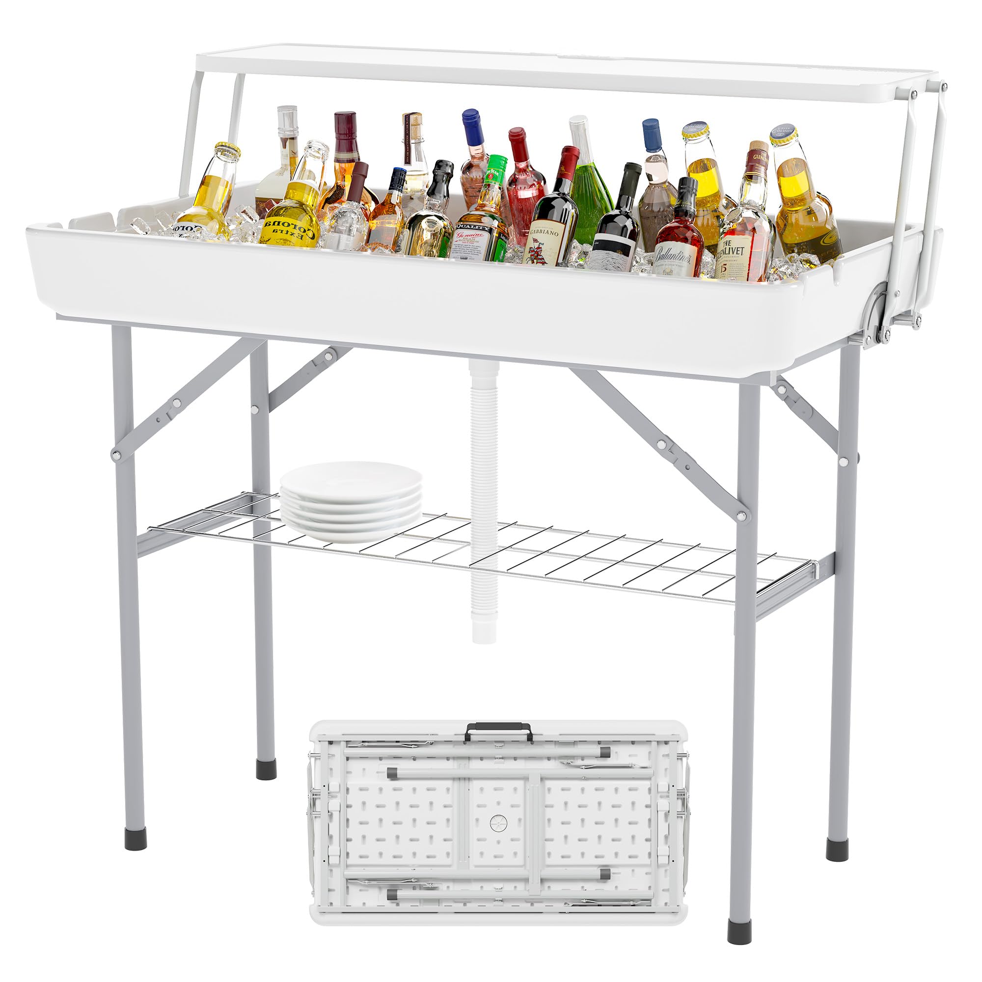Outdoor Ice Cooler Folding Table with Extra Storage Shelf