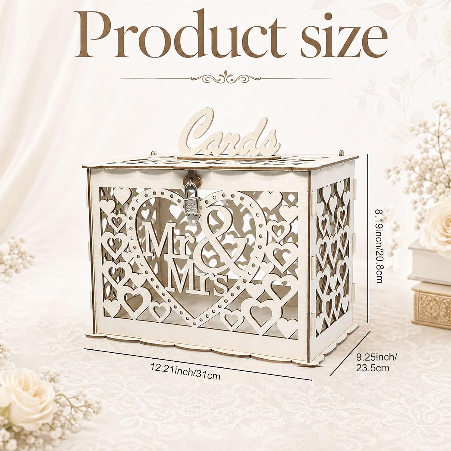White Wood Wedding Money Box with Lock Top Slot Flower Shape for Cash Gift