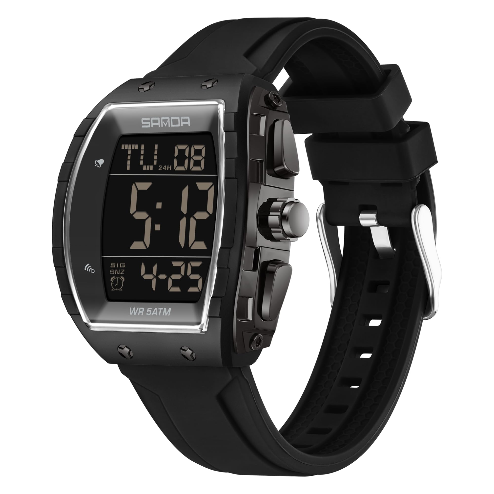 CARLIEN Montre numérique pour homme - Étanche jusqu'à 5 ATM - Bracelet en silicone - Double heure - Alarme - Compte à rebours - Chronomètre - Rétroéclairage LED
