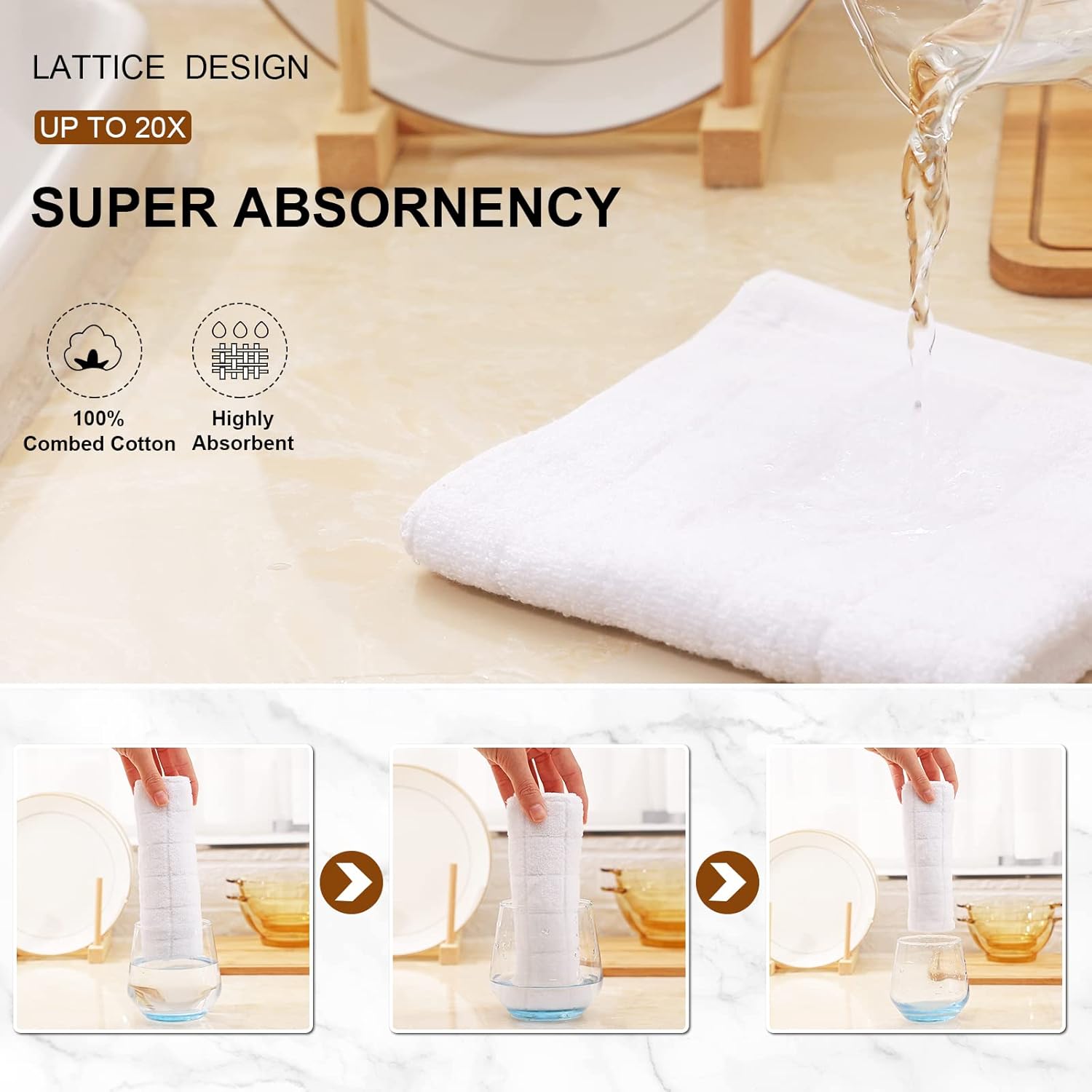 Mordimy 100% Cotton Terry Cloth Kitchen Towels, Super Soft and Absorbent Dish Towels for Drying, Checkered Designed Hand Towels for Kitchen, 16 x 26 Inches, 4 Pack, White - Image 3