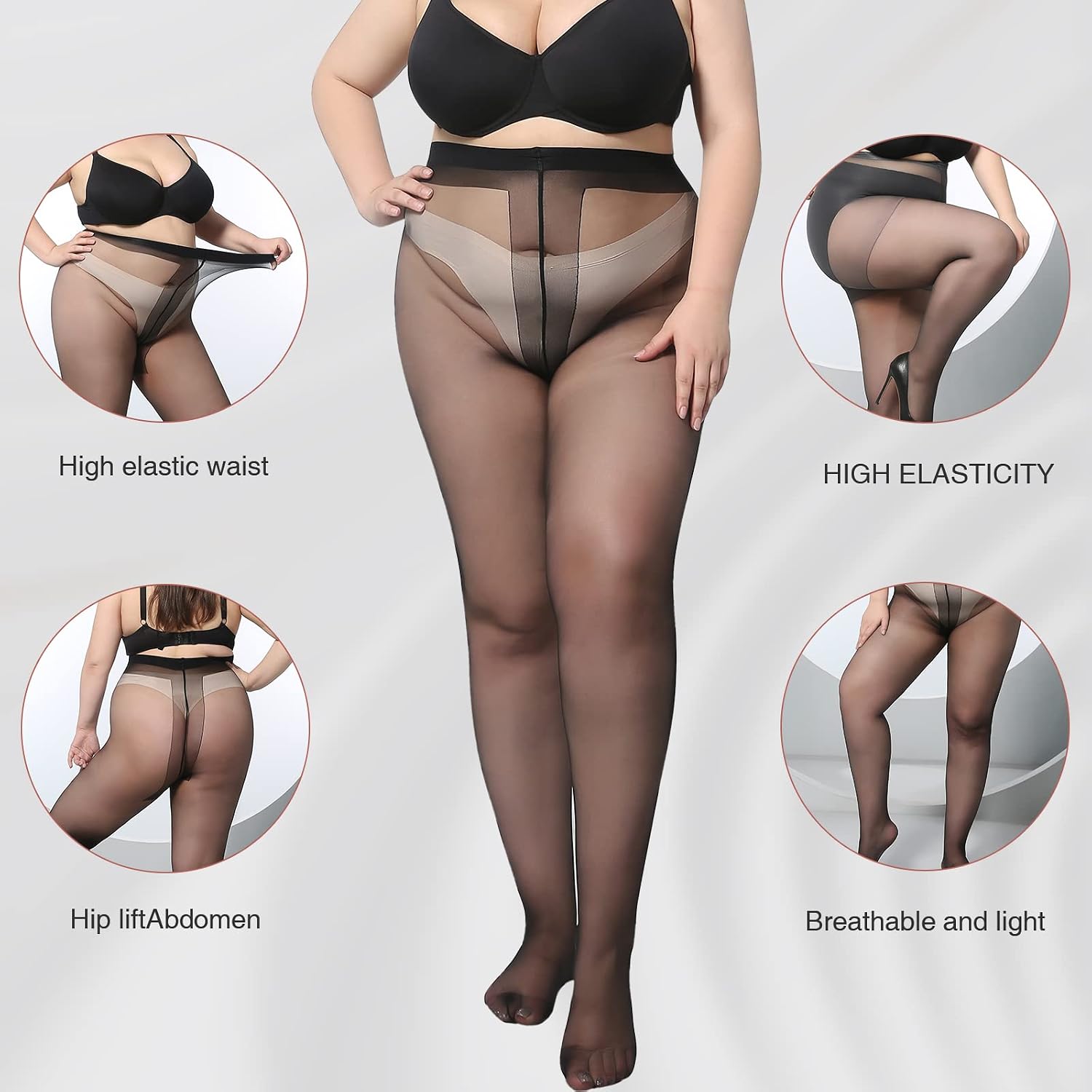 Sheer Pantyhose Plus Size - 2Pack Ultra Thin T Crotch Queen Size Tights, 8D Control Top Soft Silky Stockings