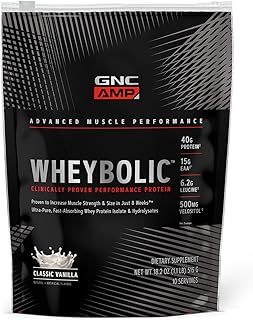 GNC AMP Wheybolic Clinically Proven Protein Powder, 40g Whey Protein, BCAA, Leucine, Increases Muscle Strength, Muscle Building, 3rd Party Tested, Gluten Free, Classic Vanilla, 10 Servings