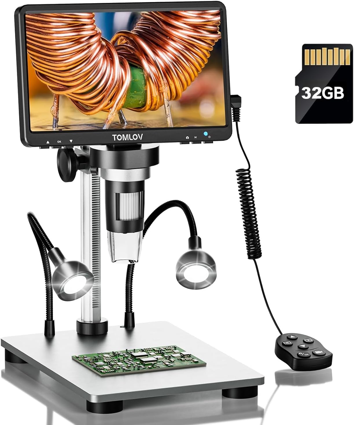 DM9 7" LCD Digital Microscope 1200X, 12MP Coin Magnification, 1080P HD Video Soldering USB Scope for Adult, with LED Light, Adjustable Metal Stand, PC/Windows/Mac Compatible, 32GB Card