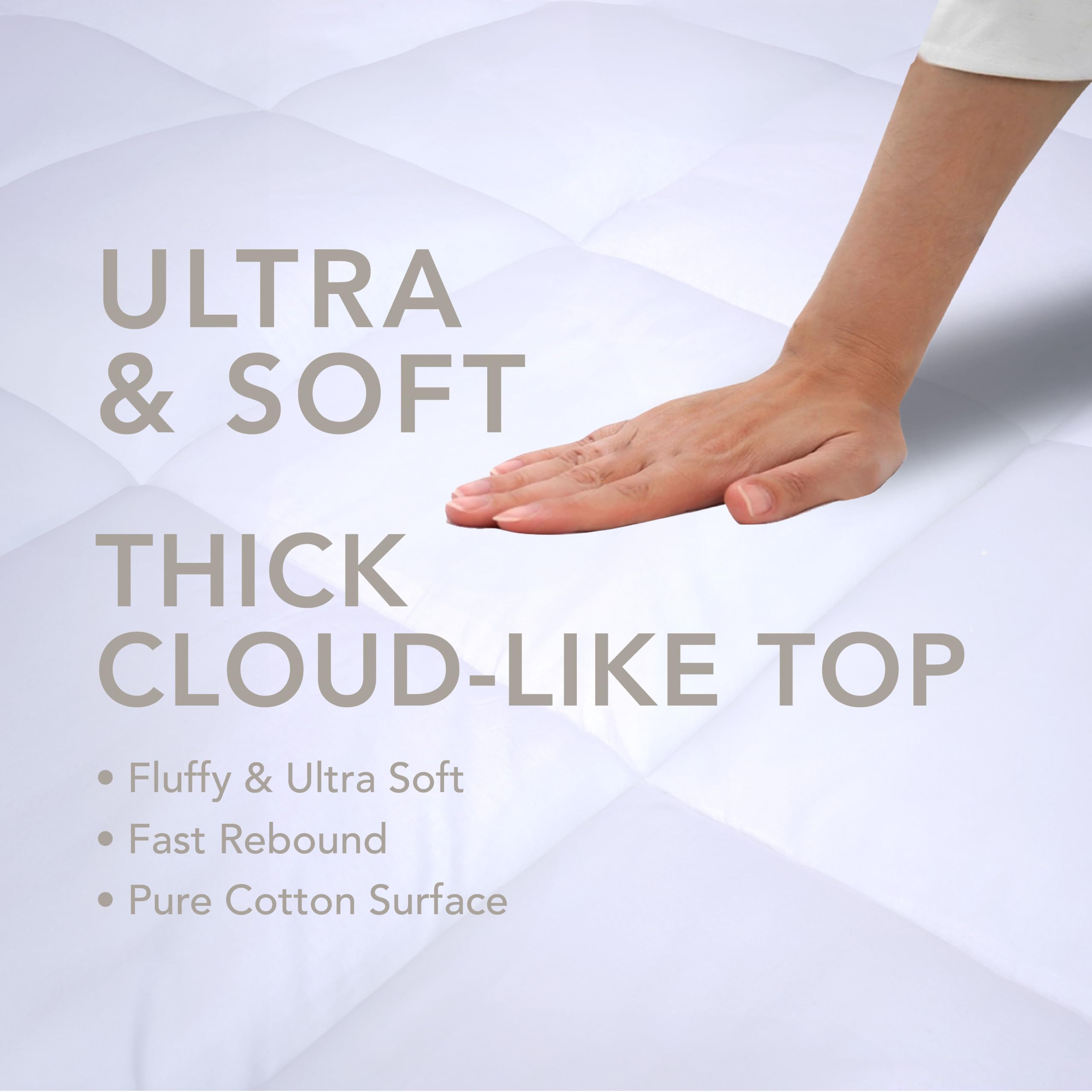 Epitex Cloud Top Queen Size 3 Inch Mattress Topper – Extra Thick and Fluffy Pillow Top for Queen Bed, Breathable, Cooling and Supportive with 8-16'' Deep Pocket Design, Skid-Proof Bottom, White