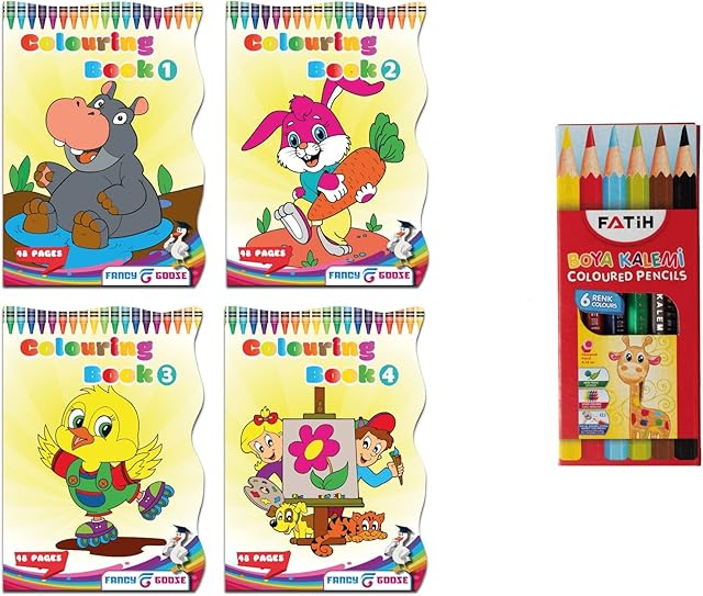 FANCY GOOSE® Colouring Books for Children | Set of 4 with 6 Colour Pencils | 192 Pages for School Kids Boys Girls | Fun Leisure Activity Pack for Children Age 3+