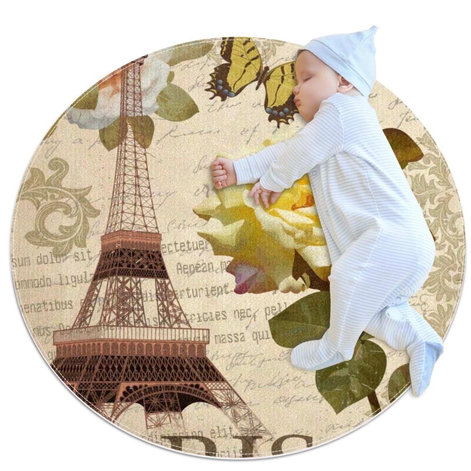Tapis rond Tour Eiffel roses pour habiller un sol de chambre