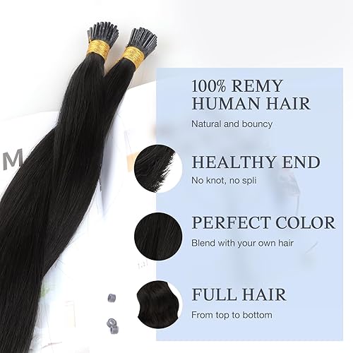 Miniatura 4 de DOORES Extensiones de cabello humano con punta I Tip, color negro natural, 1.76 oz100 s, 14 pulgadas, extensiones de cabello humano Remy lacio y