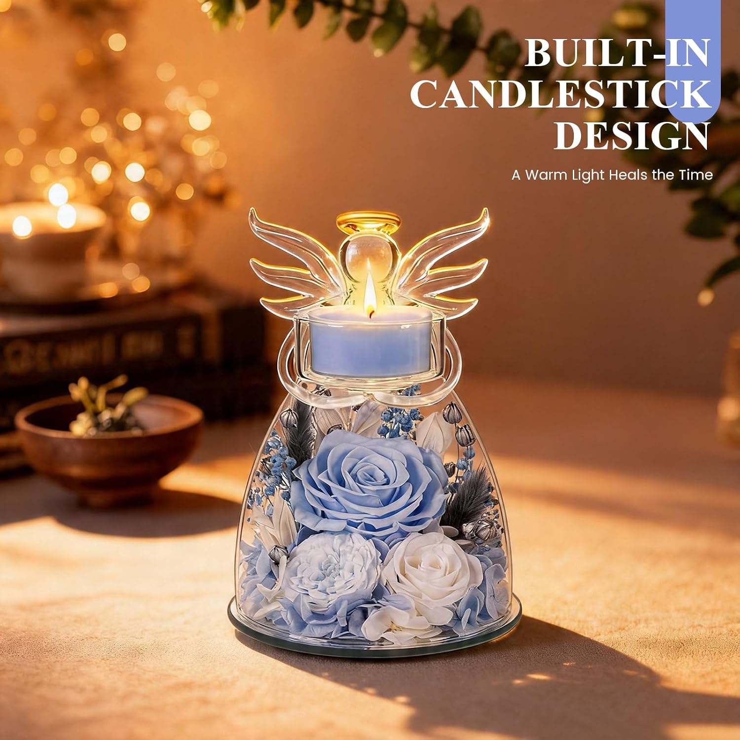 Agrul Birthday Gifts for Women, Mom and Grandma, Blue Preserved Flowers in Glass Angel Candle Holder, Meaningful Birthday Gift for Her, Sister and Friend