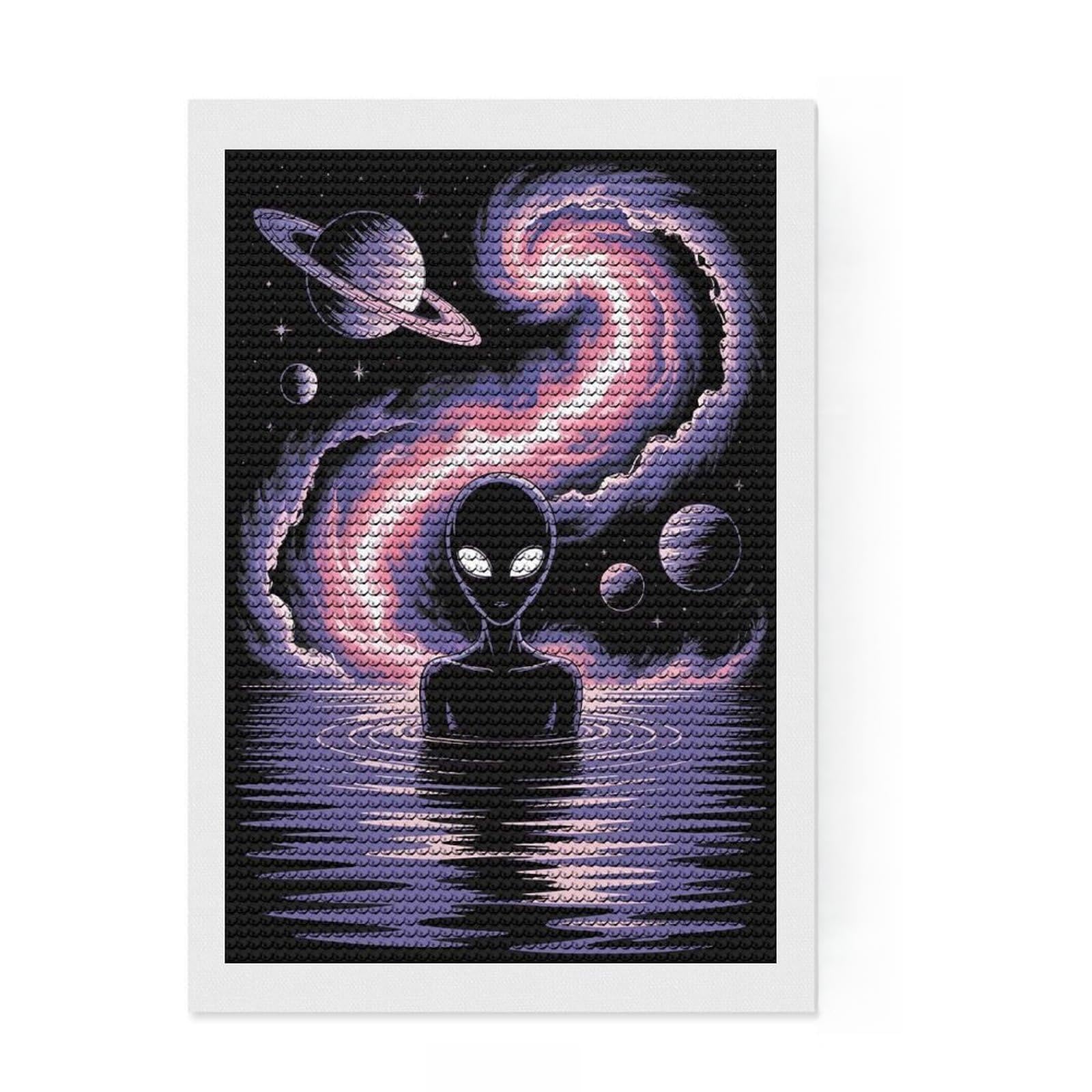 Junmoney Alien in Water with Space Background Diamond Style Art Kit 8"x12", Home Decoration, with Tool Kit, Decor Project, Aesthetic Room Decor