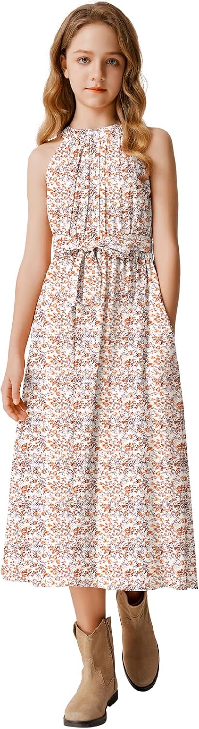 LaBeca Girls Halter Neck Rayon Woven Floral Printed Solid Color High Waist Midi Belted Party Casual Dress with Pocket