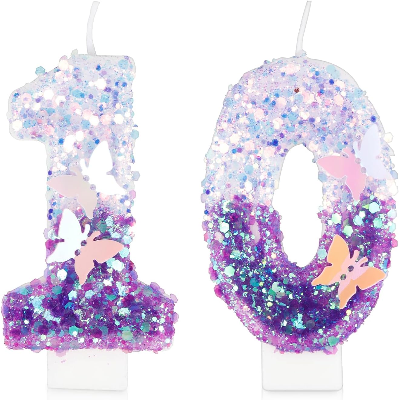 Purple 10 Butterfly Birthday Candles, Number 10 Candle, 3D Glitter