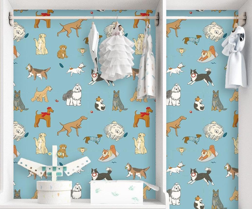 Funny Dog Wallpaper Stick and Peel Blue Animal Kids Wallpaper for Bedroom Removable Puppy Cartoon Contact Paper Blue Baby Nursery Wall Decor 17.7"x472" Removable Dog Vinyl Wrap for Cabinets