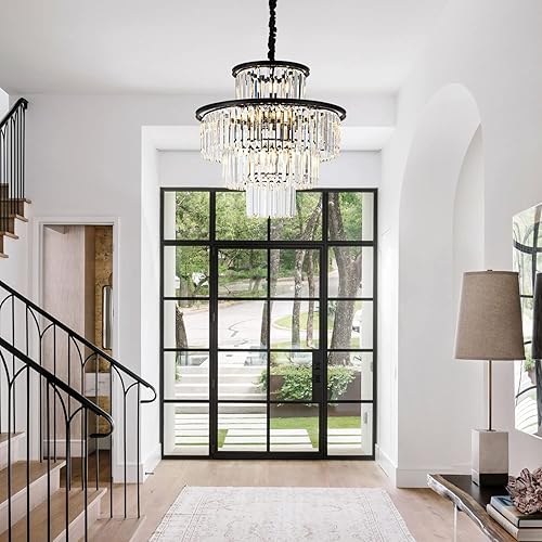 Miniatura 8 de lighceac Candelabro de cristal moderno de 23 pulgadas y 14 luces, 4 niveles, color negro, de lujo, para comedor, sala de estar, cocina, entrada,