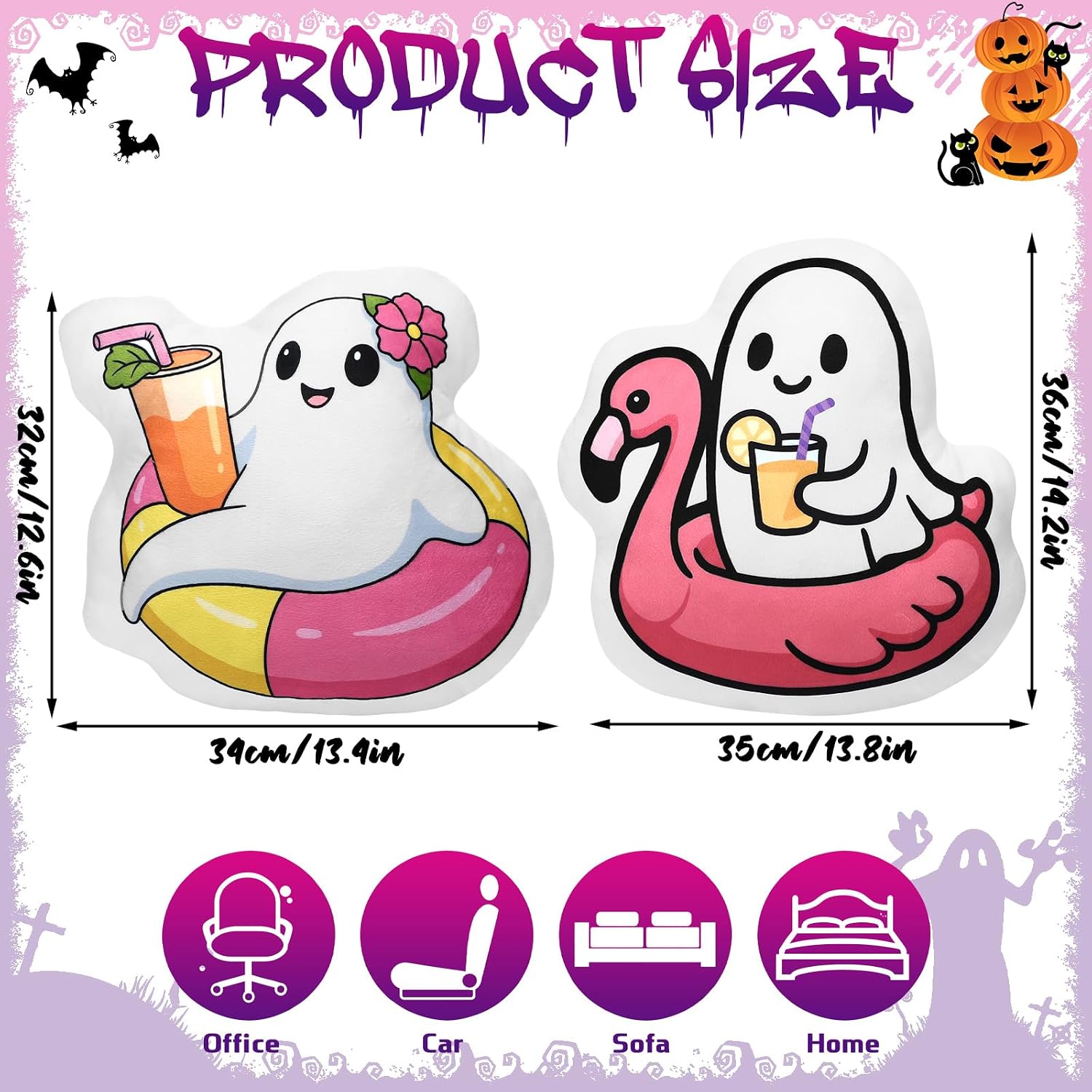 Cinnvoice 2 Pcs Summer Halloween Ghosts Throw Pillows 15.7x15.7 Inch Halloween Ghost on a Pool Floaty Drink Pillows Pink Flamingo Spooky Summer Decoration for Beach Pool Indoor Outdoor Home Sofa