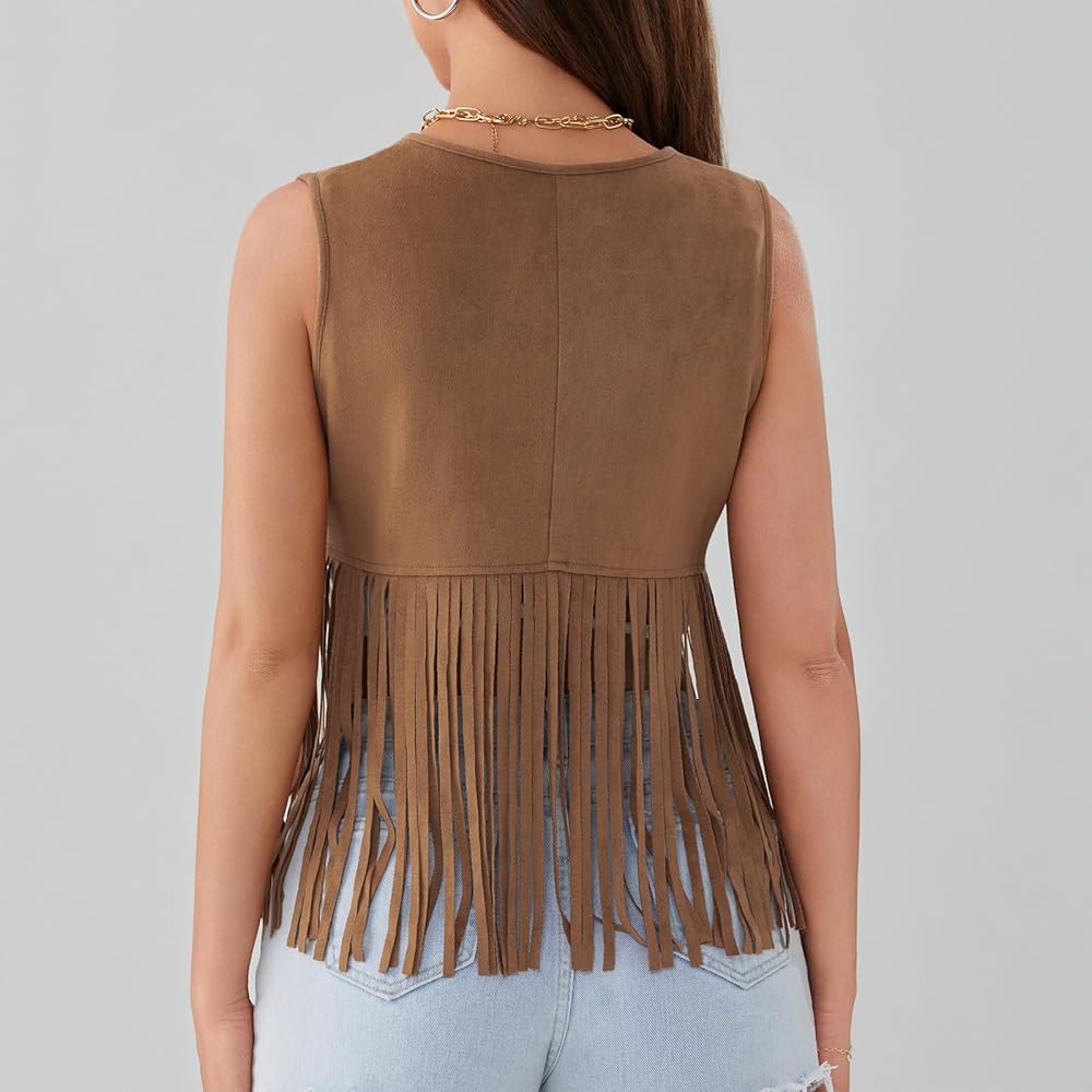 Kiluex Women Tasseled Suede Vest Sleeveless Open Front