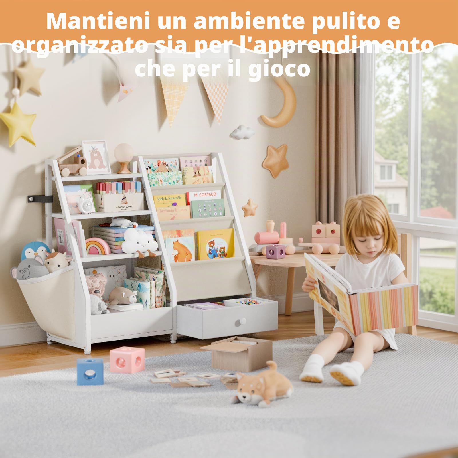 HAVLOTII Libreria Montessori per Bambini, Porta Libri e Organizer di Giocattoli per Cameretta, Bianco