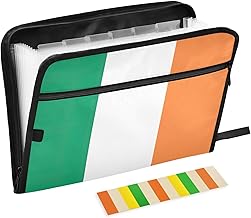 Ireland Flag Expanding File Folder with Sticky Labels, 13 Pockets Accordion File Folder Document Organizer Expandable Zip File Folder with Zipper Closure
