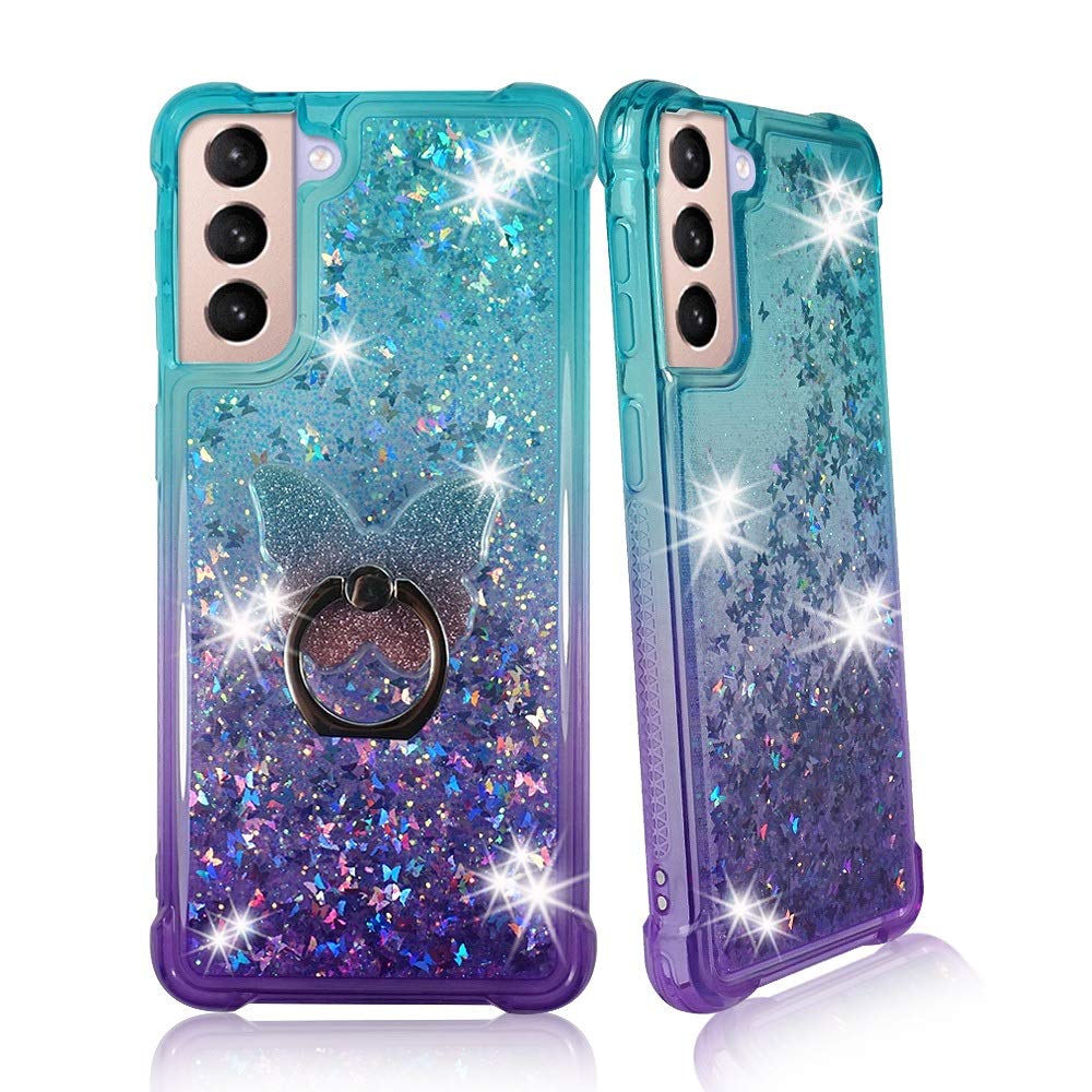 Zase Compatible with Samsung Galaxy S22 5G Clear Phone Case Liquid Glitter Sparkle Bling Cute Women Girls Floating 3D Butterflies Waterfall Quicksand