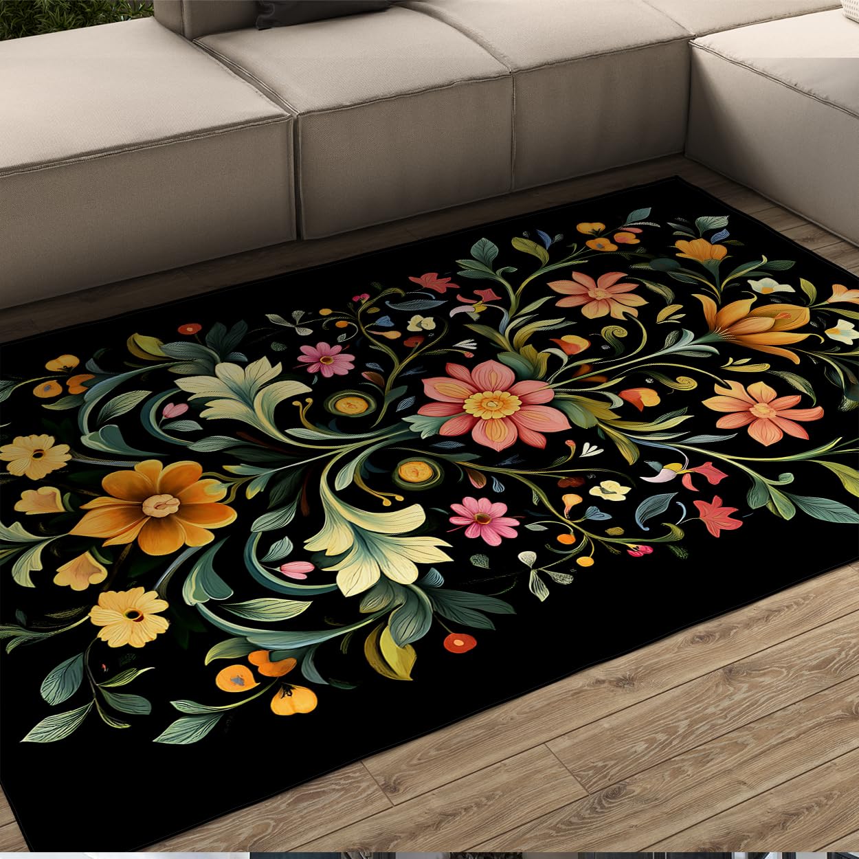 Tapis de salon William Morris noir et grand format vintage 180x240cm