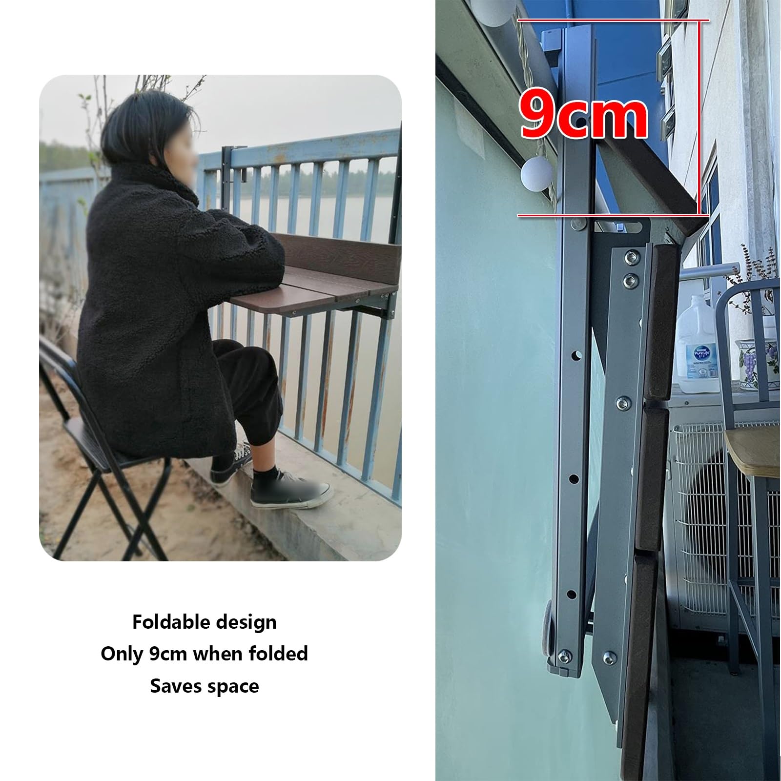 Tavolo da Bar Pieghevole Regolabile per Esterni - Tavolo Multifunzionale con ringhiera per Balcone, Veranda, Patio e Giardino - Design Compatto (L 80 x P 37 cm)