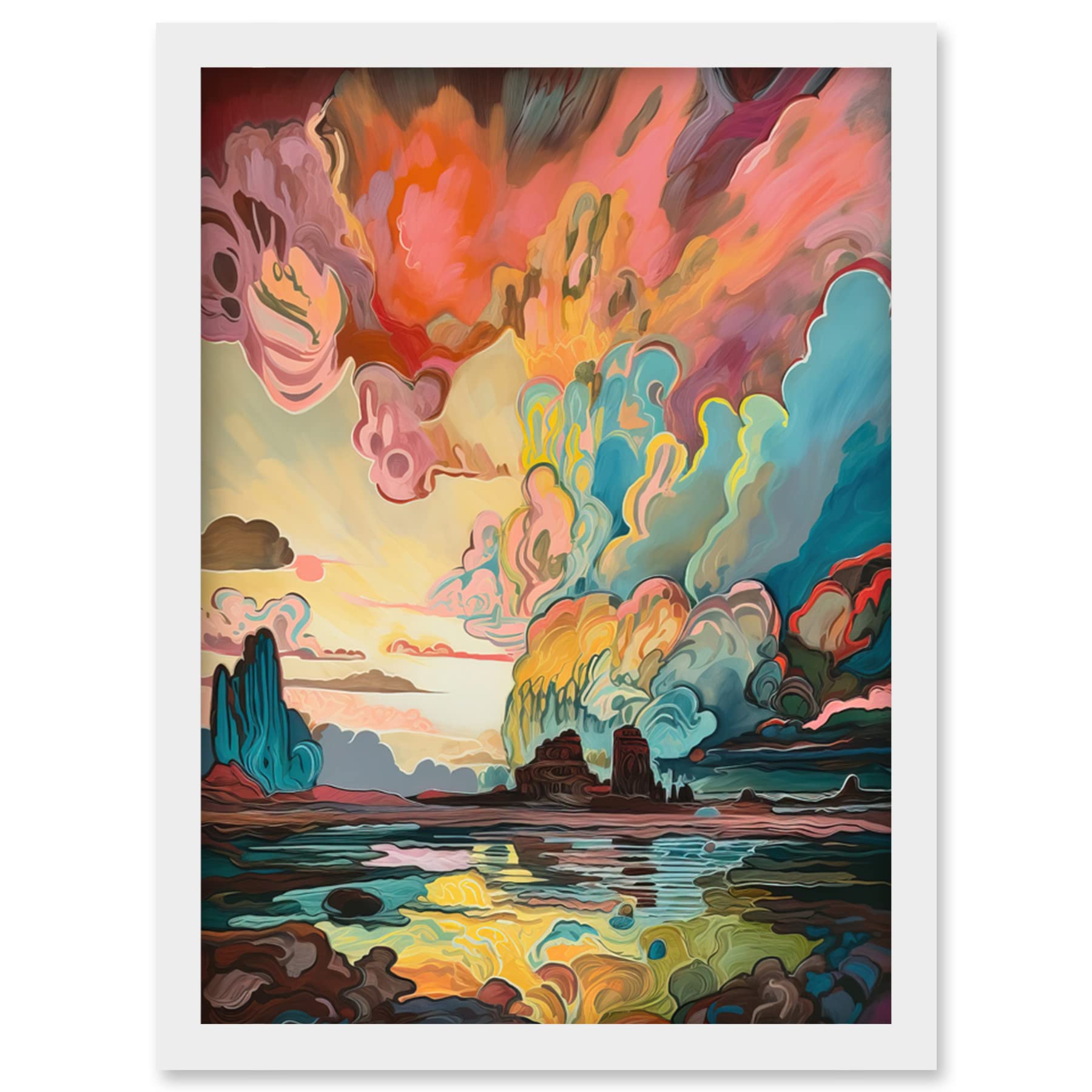 Watercolour Painting Artwork - Van Gogh Inspired Atmospheric Clouds - Mono Lake at Dawn - Framed Wall Art Print A4