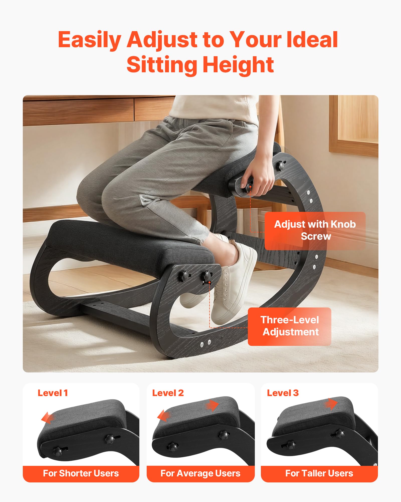 VEVOR Chaise à Genoux Ergonomique, Siège Assis Genoux Coussins en Mousse Épaisse, Réglables à 3 Niveaux, pour Maison Bureau Méditation, Cadre en Bois Massif, Soulage Tensions du Cou et du Dos, Noire