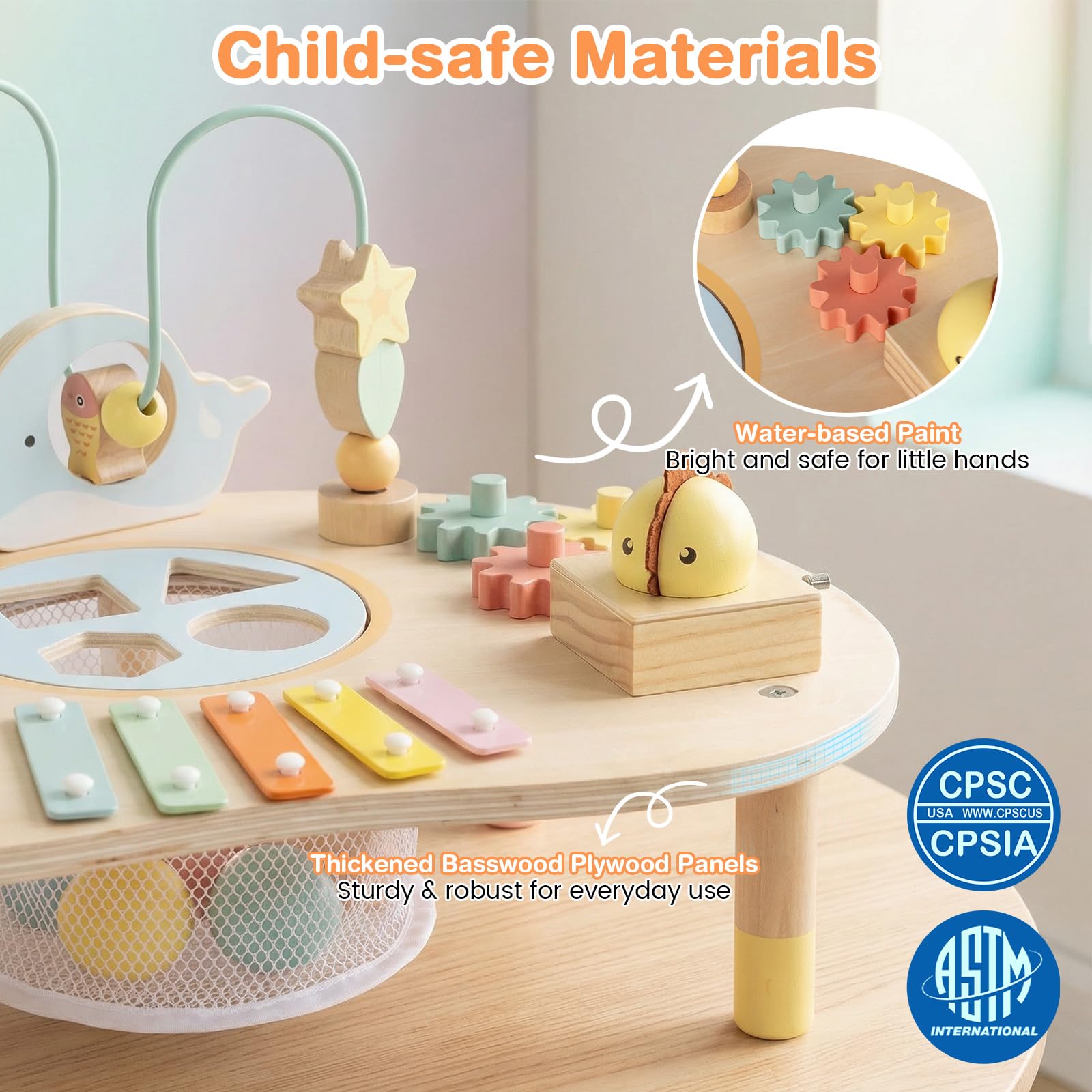FANTASK Mesa de Actividades de Madera, Mesa de Motor Montessori para niños a Partir de 1 año, Juguete Educativo con bucles Motores, Juego de Pesca, xilófono, Caja de música y clasificador de Formas