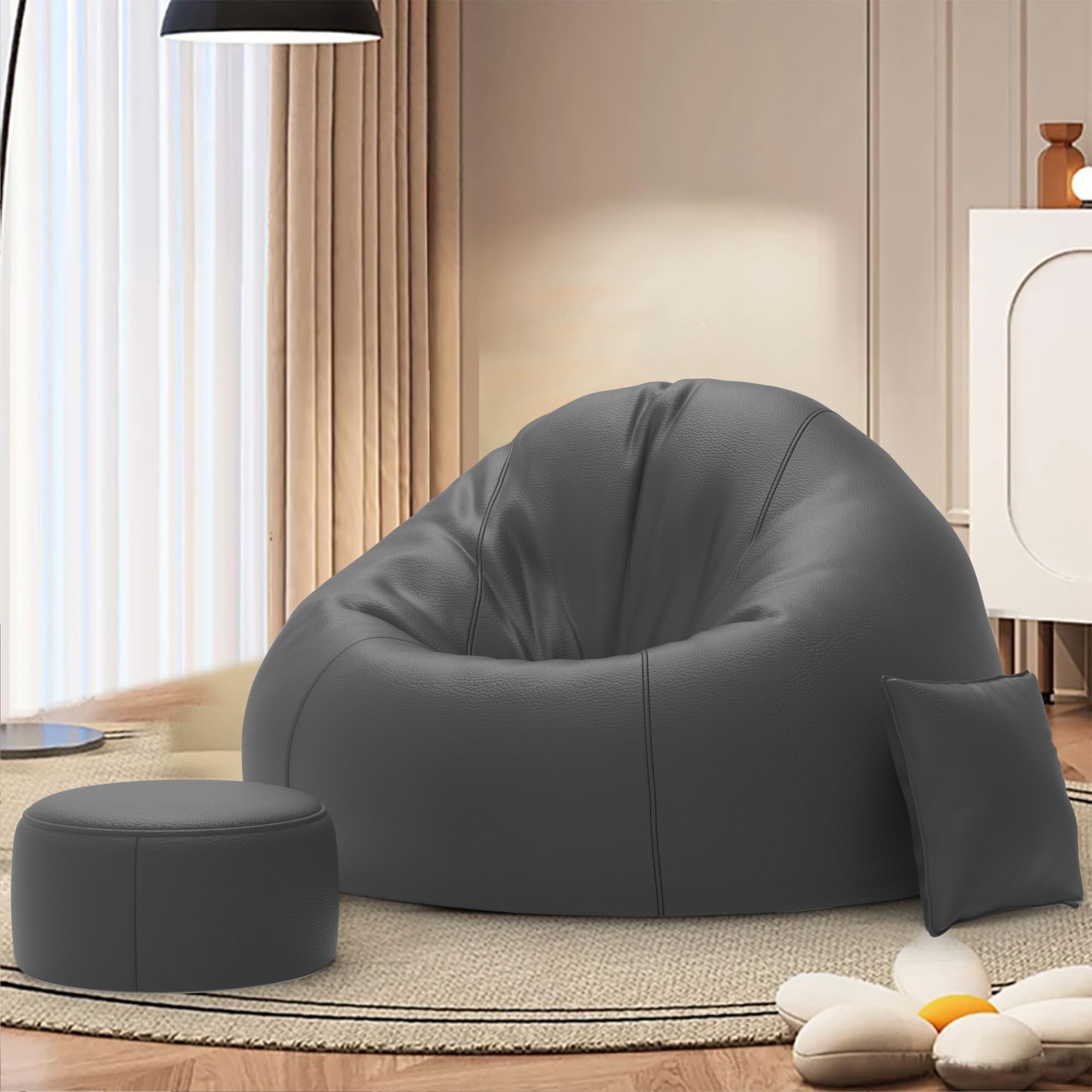 Biggie Bean Bag Faux Leather with Beans Filled 4XL Bean Bag Sofa with Free Cushion and Footrest - Official : Relaxaire Combo (Matching Color : Regular, Dark-Grey)