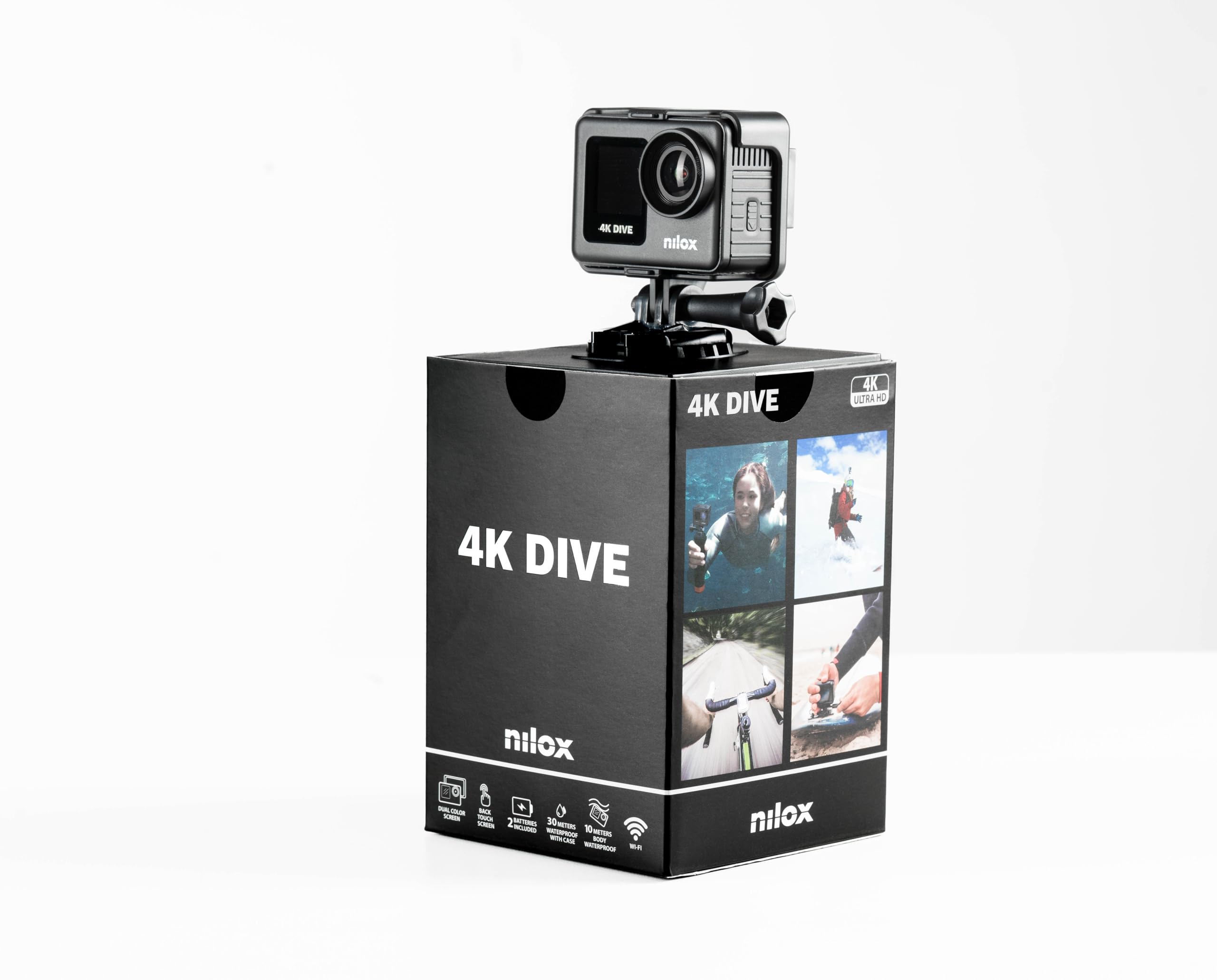 Nilox, Action Cam 4K Dive, Action Camera 4K/60fps, Doppio Schermo con Touch Screen, Connessione Wifi, Resistente all'Acqua fino a 30m con Custodia Protettiva, Batteria 1050 mAh, Memoria SD 128 GB