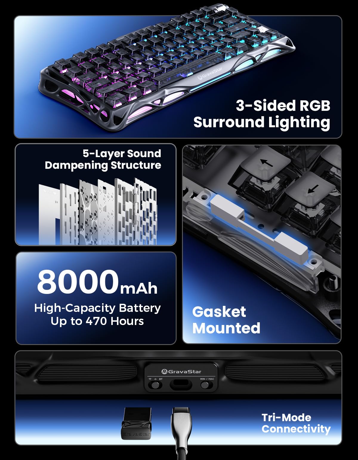 GravaStar Mercury K1 75% bezprzewodowa mechaniczna klawiatura do gier, stop aluminium, uszczelka, kompaktowa, niestandardowa klawiatura, gniazdo Hot-Swap, przełączniki liniowe, podświetlenie RGB