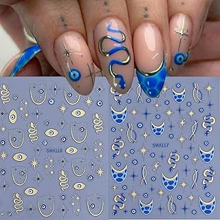 2 Sheets Gold Eye Nail Stickers for Nail Art Embossed Gold Snake Nail Decals Blue French Nail Stickers 5D Self-Adhesive Summer Nail Art Supplies for Women DIY Manicure Decoration Supplies