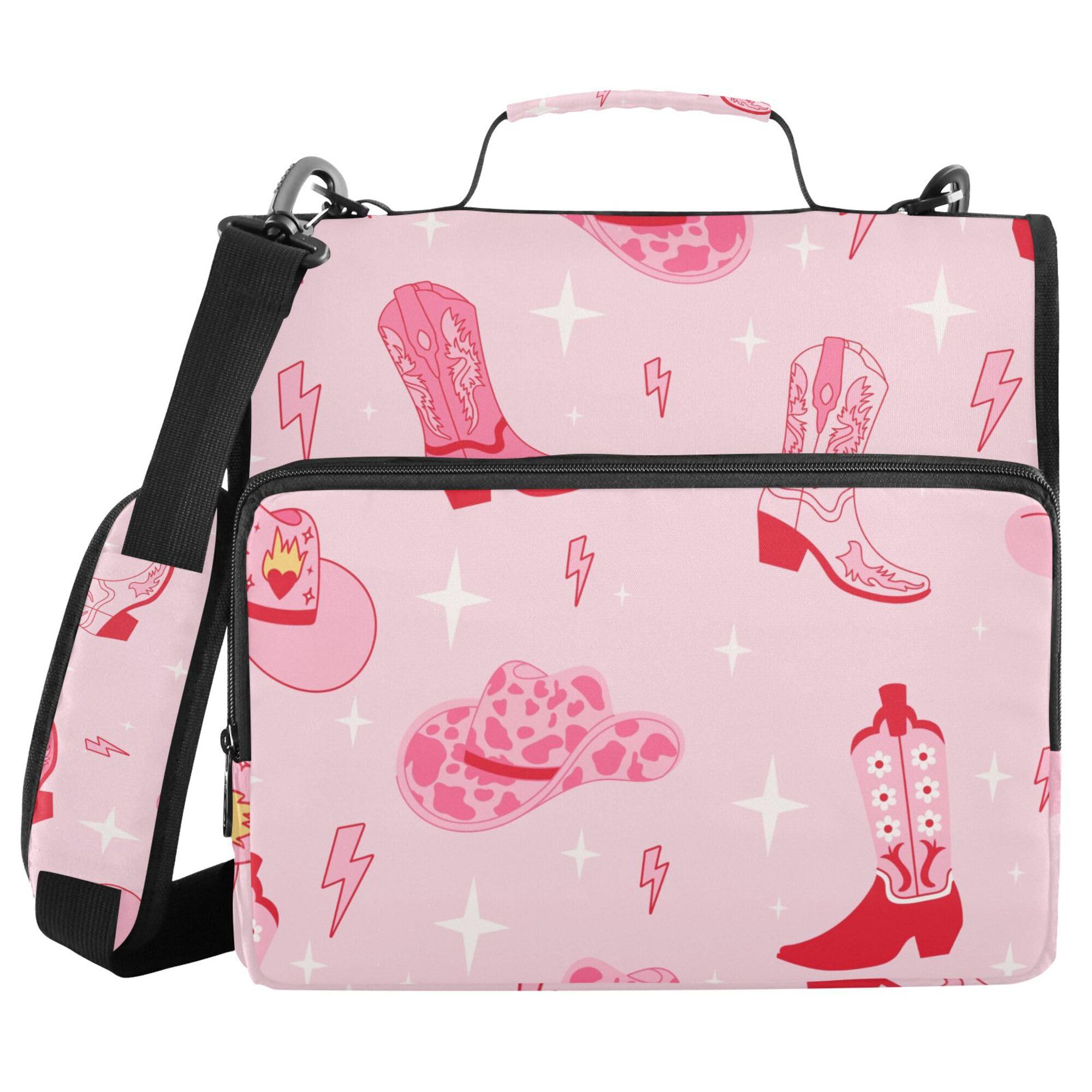 Fisyme Pinks Western Cowgirl Boots Zipper Binder 3 Ring with Zipper and Shoulder Strap Large Capacity Multi-Pocket Zipper Binder Organizer