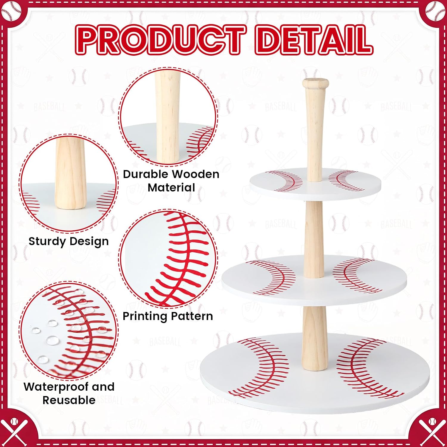 Domensi 2 Pcs 3 Tier Baseball Serving Tray Wooden Baseball Cupcake Stand Displays Plate Board Reusable Cupcake Serving Tower Holder Decoration for Sport Theme Game Tailgate Birthday Party Supplies