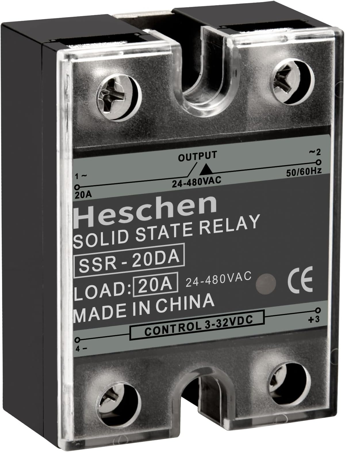 Heschen Single Phase DC/AC Solid State Relay, SSR-20DA, Input 4-32VDC, Output 24-480VAC, 20A 50-60Hz
