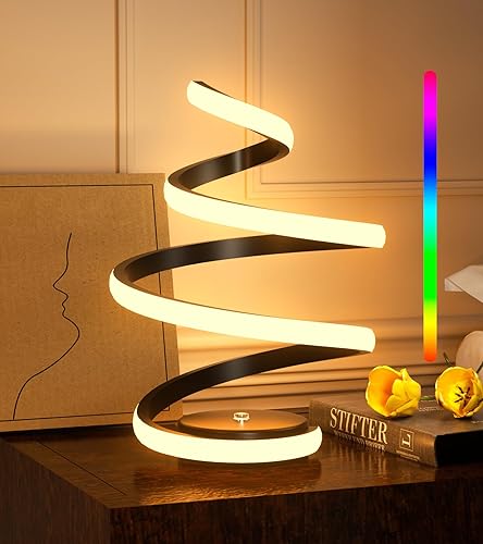 Lámpara de noche regulable con control táctil, 7 colores cambiantes, 10 modos de luz, lámpara de mesa LED en espiral, moderna lámpara de mesita de