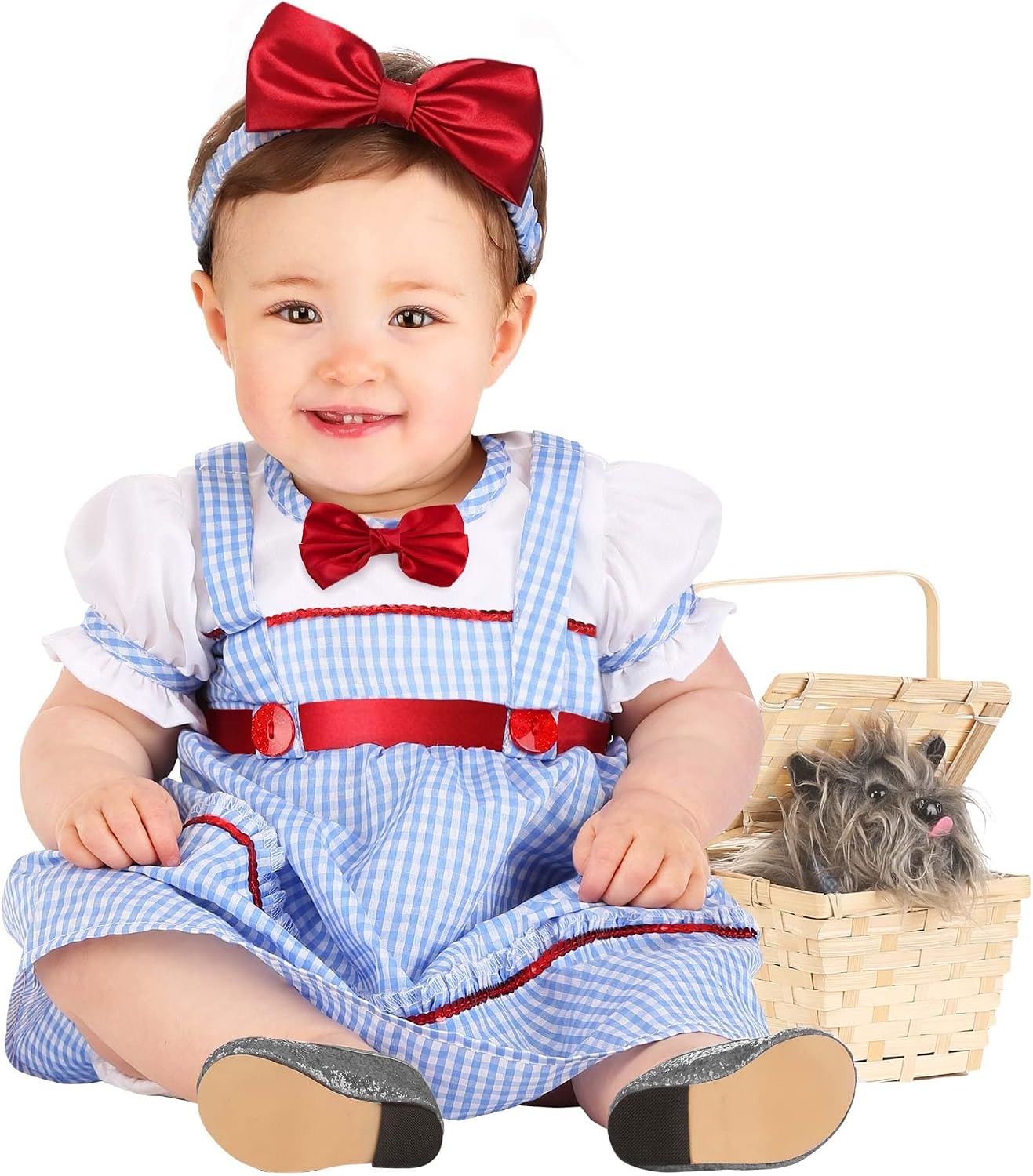 Sweet Kansas Girl Costume For Babies, Infant Farm Girl Outfit With Blue Gingham Dress And Headband With A Ruby Red Bow