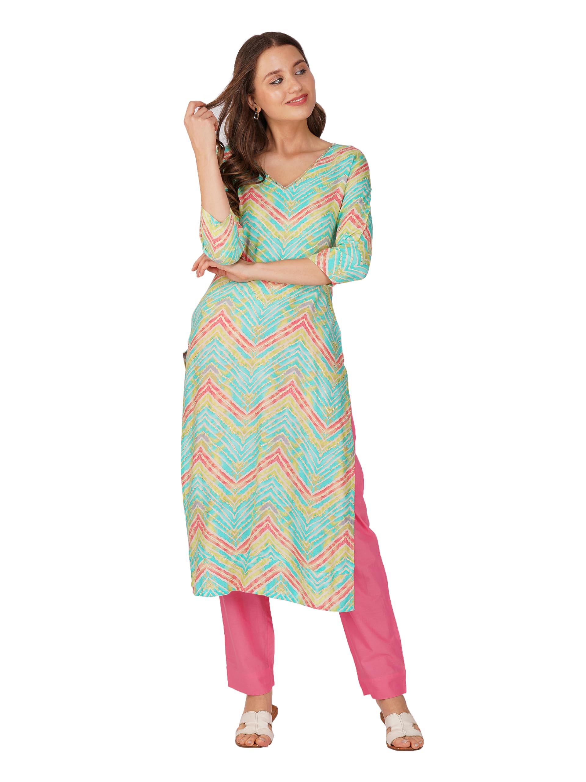 Rytras Women's Foil Printed Straight Kurta(Ryt557,Green,L)