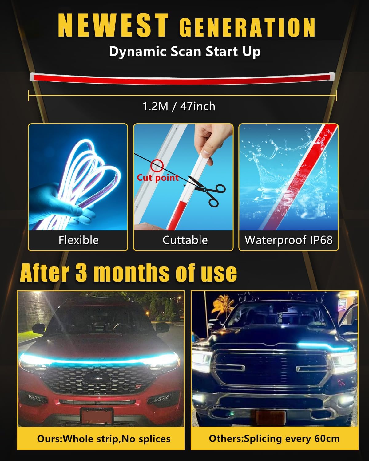 YM E-Bright LED Hood Light Strip, 47in Ice Blue Amber Switchback DRL 12V image 2