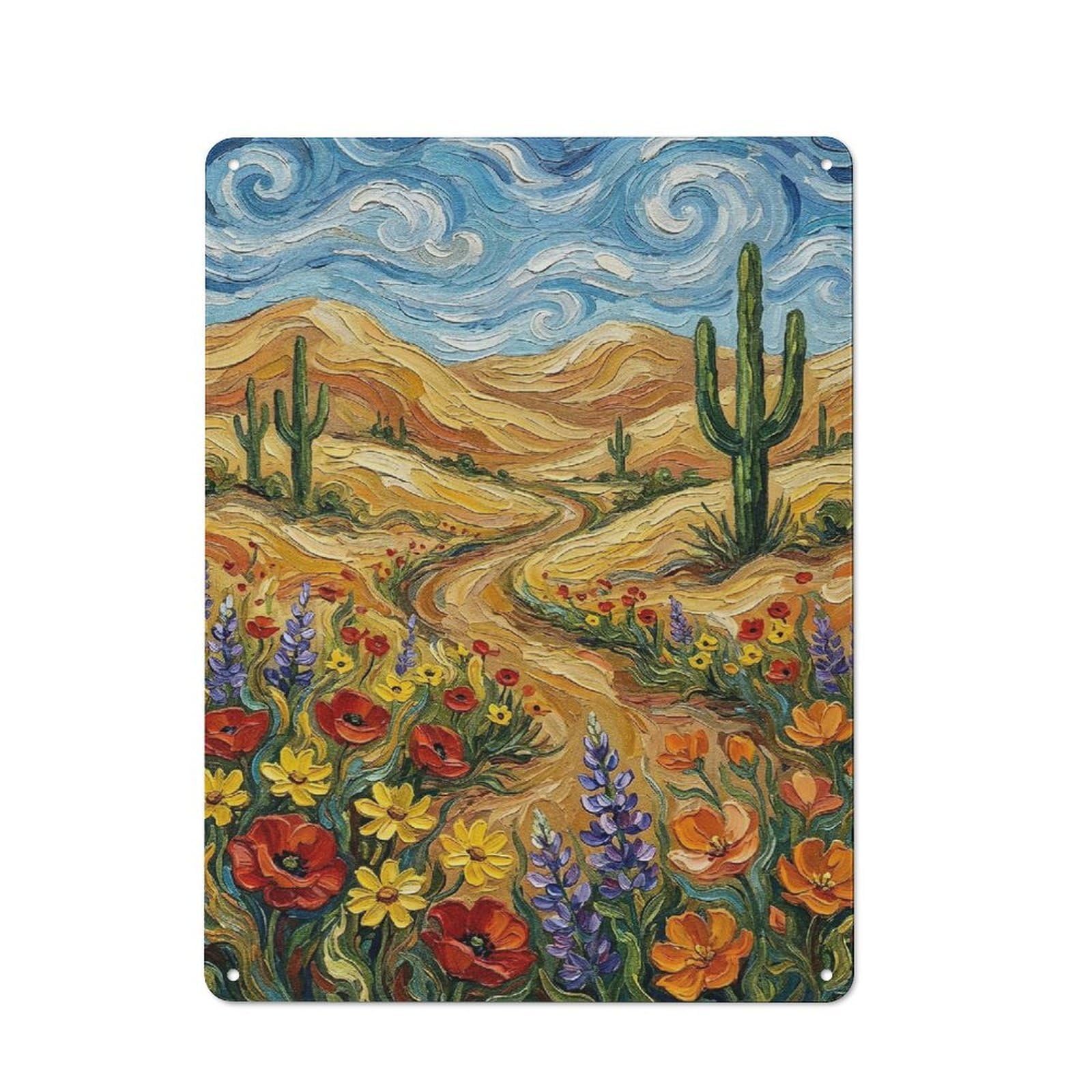 Junmoney Style-11 Tin Wall Sign With Desert Landscape With Wildflowers And Saguaro Cacti Design 40X30cm, Cosy Cafe Wall Decor For Kitchen, Cafe, Pantry Or Dining Room