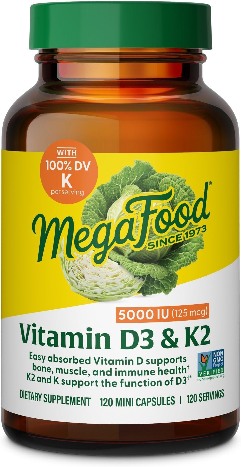 Vitamin D3 5000 IU (125 mcg) - Vegetarian Supplements with Vitamin D3 K2 - Supports Bones, Teeth, Muscles & Immune Health - Certified Non-GMO - 120 Mini Capsules, 120 Servings