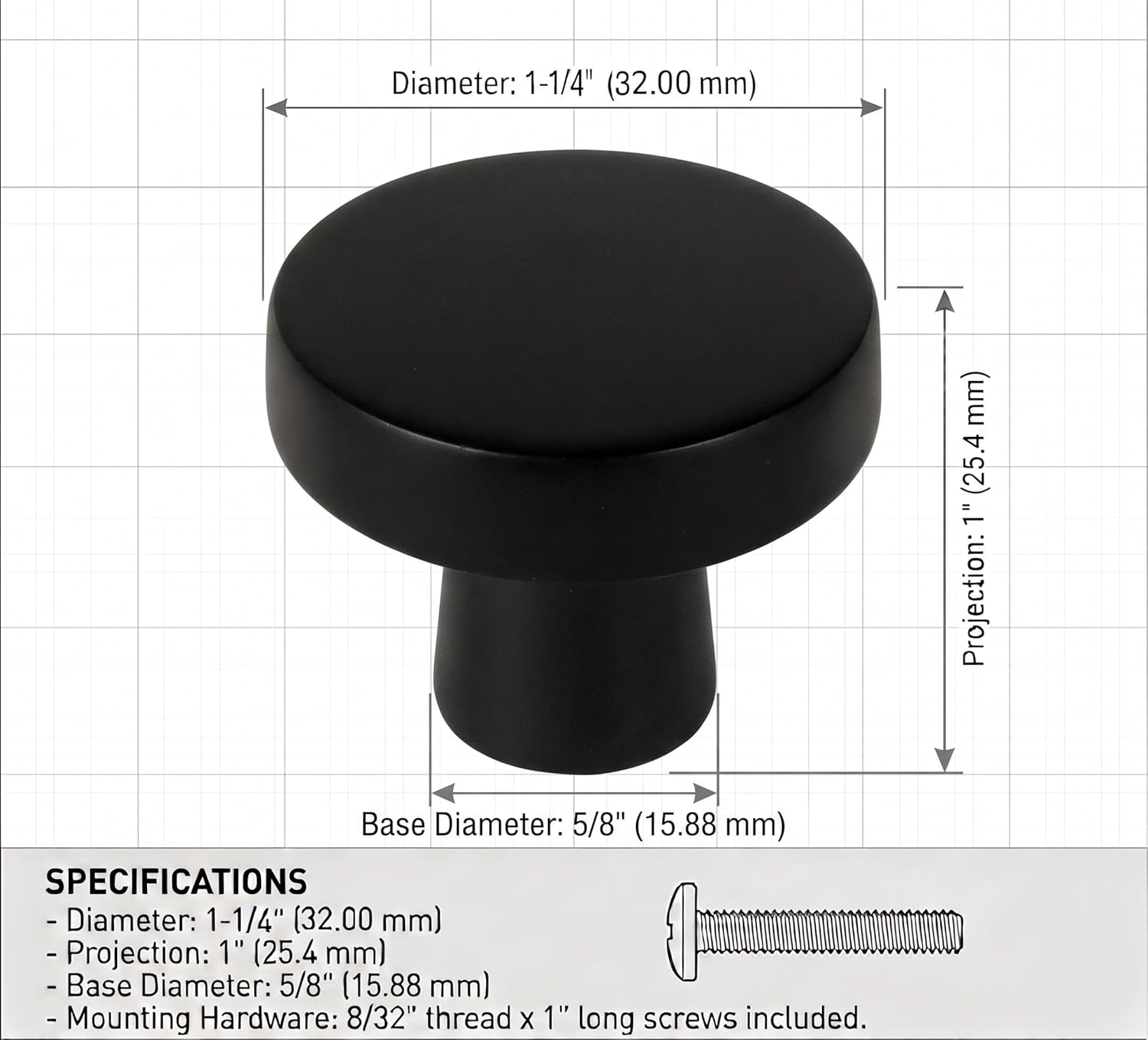 Cosmas 10 Pack 5234FB Flat Black Cabinet Knobs - Matte Black Round Cabinet Knob 1-1/4 Inch, Solid Zinc Metal, Kitchen Drawer Dresser Knob, Contemporary Hardware, Screws Included