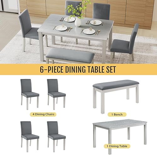 Miniatura 4 de Juego de mesa de comedor de madera maciza de 6 piezas, incluye 1 mesa de comedor, 4 sillas tapizadas y 1 banco, juego de mesa de comedor de madera