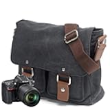peacechaos Men's Canvas Camera Bag Leather DSLR SLR Camera Case Vintage Camera Messenger Bag Shoulder Bag Sling Bag (Dark Grey)