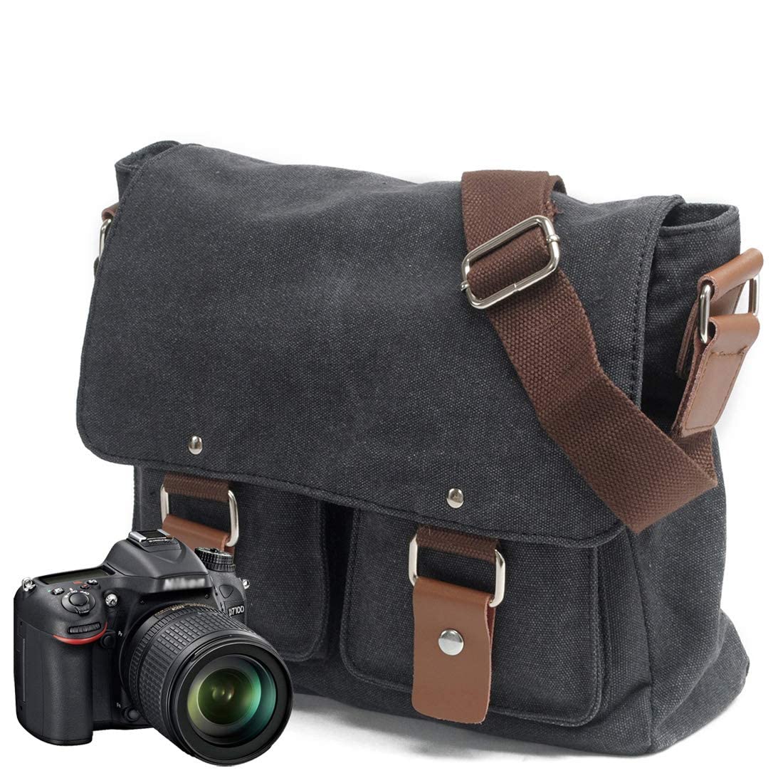 peacechaos Men's Canvas Camera Bag Leather DSLR SLR Camera Case Vintage Camera Messenger Bag Shoulder Bag Sling Bag (Dark Grey)