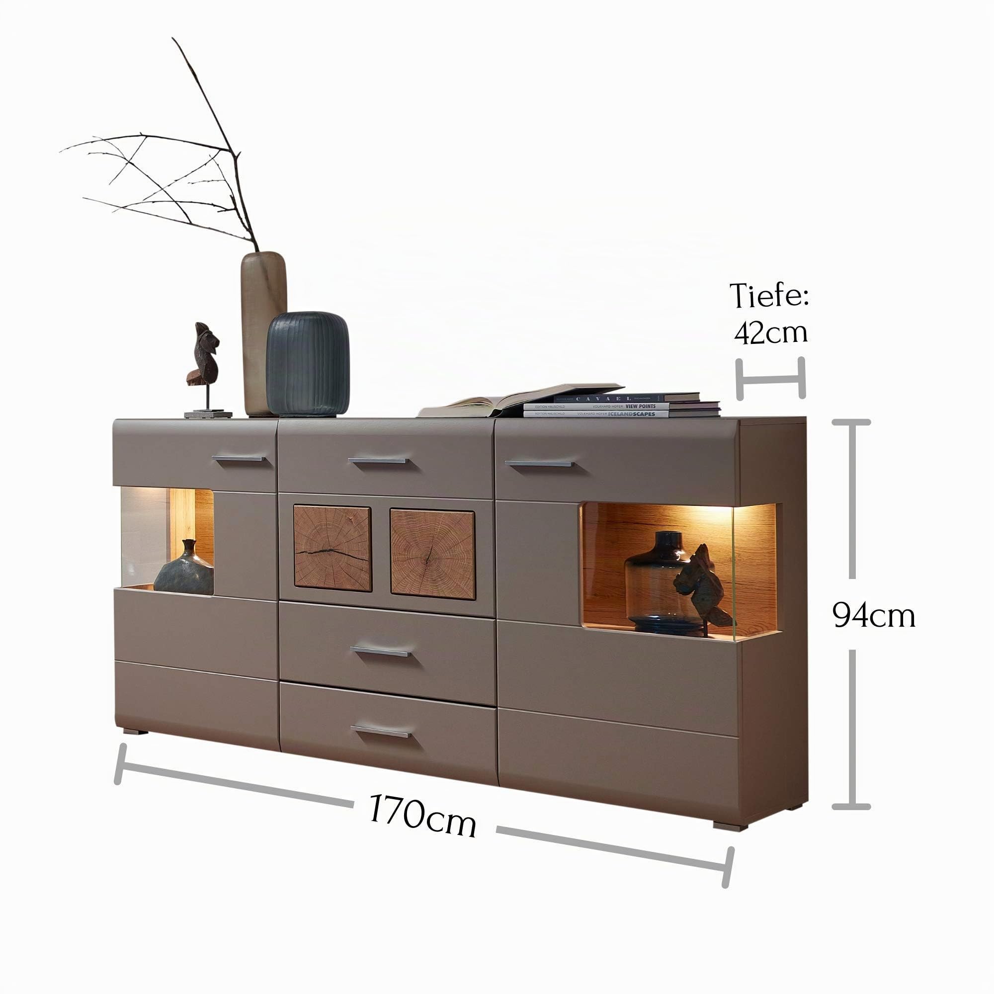 Stella Trading Fun Plus 2 Sideboard Kommode in Basalt mit LED-Beleuchtung