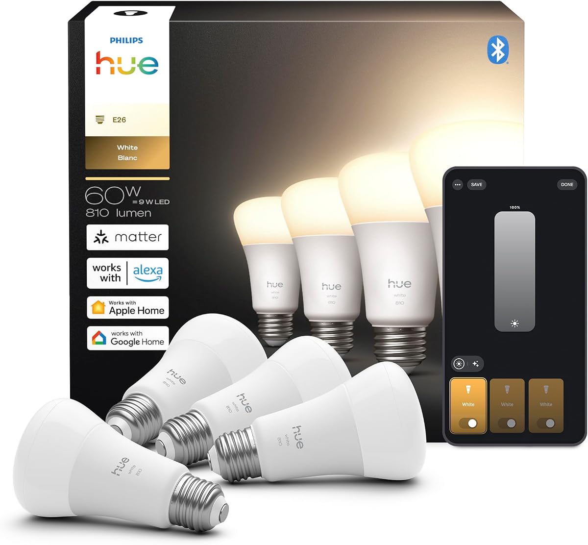 Bombilla LED inteligente A19, paquete de 4, luz blanca cálida 2700K, base E26, 9W, 810 lúmenes, bombillas LED regulables, funciona con Alexa, Google Assistant y Apple Home