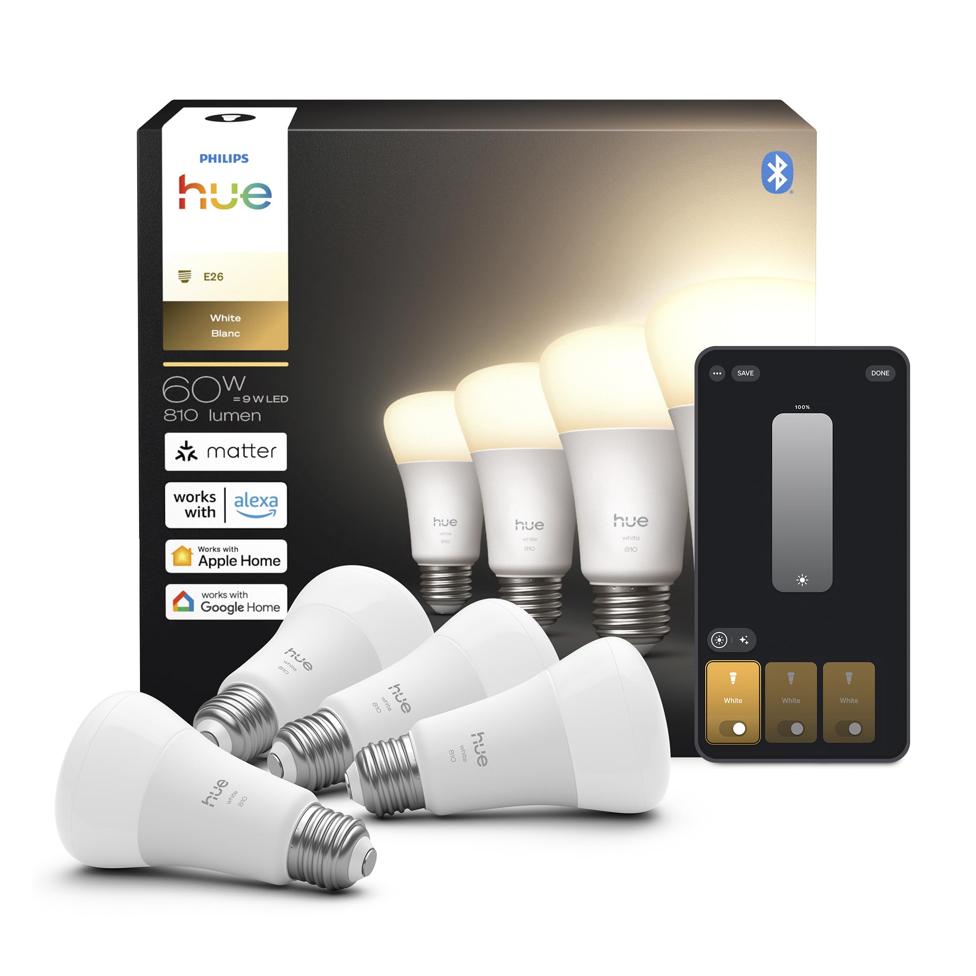 【未開封品】 Philips Hue スマート電球 A19 E26 4個セット Philips Hue Smart LED A19 Bulb 4-Pack, Warm White Light 2700K, E26