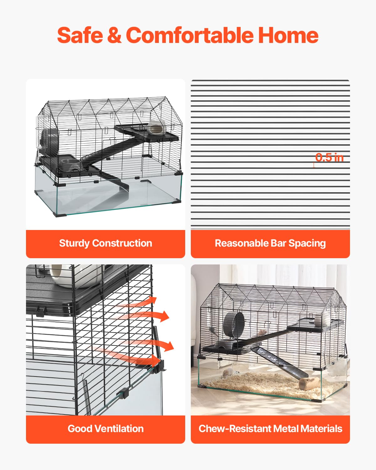 VEVOR Cage Hamster, 75x44x61 cm, Habitat Rongeurs Transparent de Vue Panoramique 360° avec Bouteille d'eau, Bol, Roue, Maison Portable pour Petits Animaux de Compagnie, Souris, Rats, Cochons d'Inde