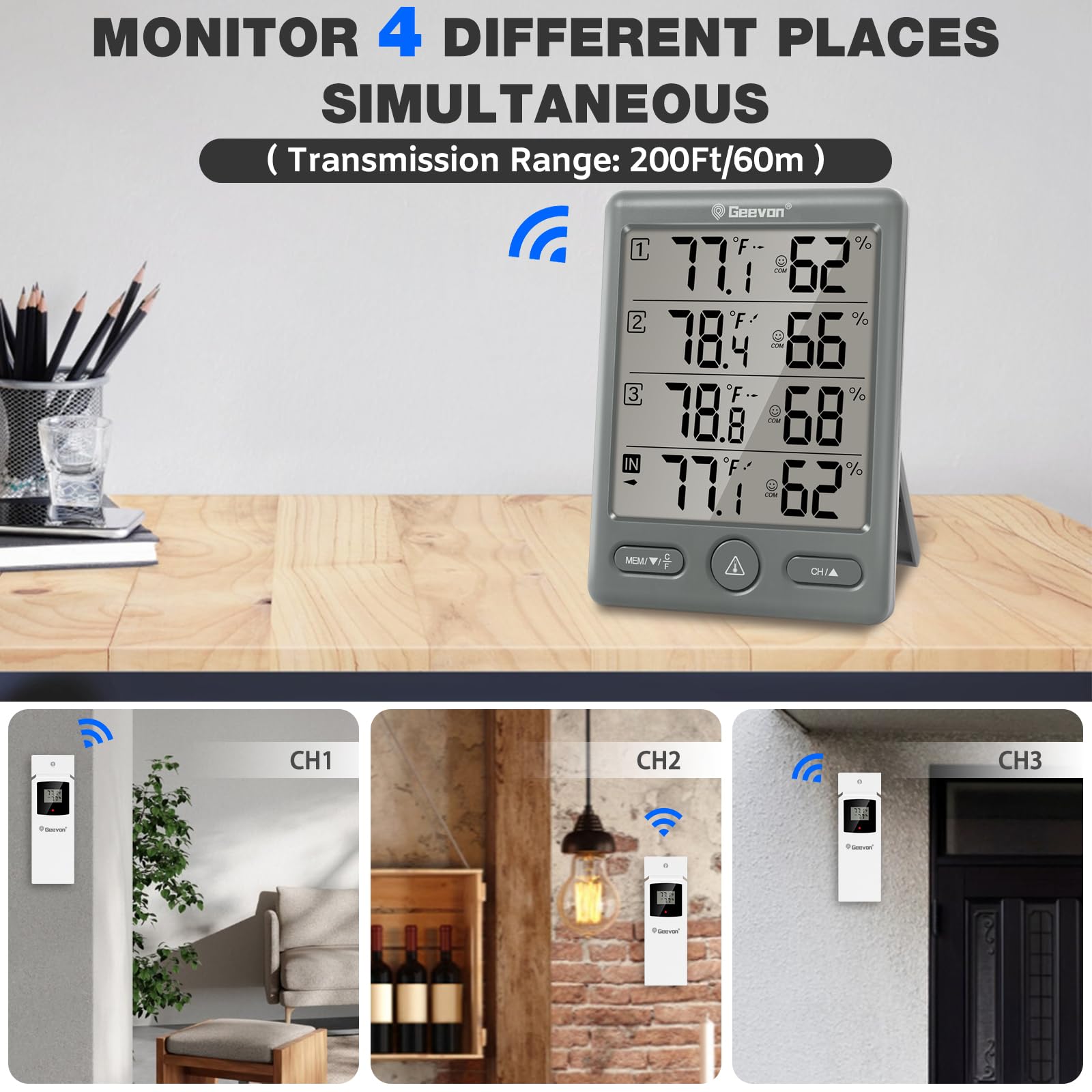 Thermomètre Hygromètre Sans Fil Intérieur/extérieur – Avec 3 Capteurs – Portée 60 M – Alerte Température/humidité – Geevon - 8