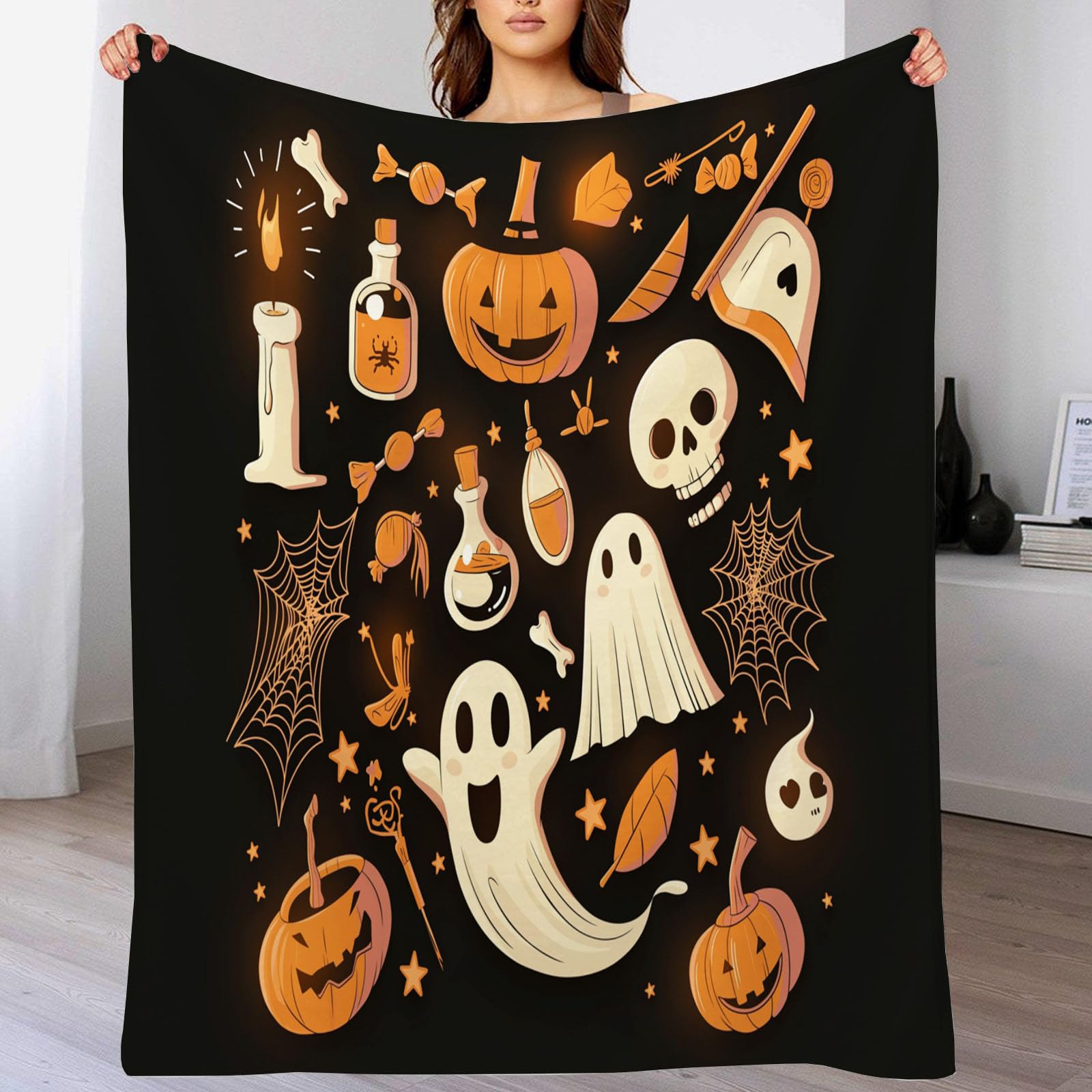 Plaid Halloween flanelle orange 150x200cm couverture cadeau automne jeté de lit mignon